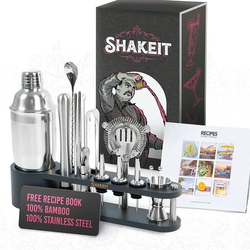 SHAKEIT 17-Piece Stainless Steel Bartender Kit with Bamboo Stand, Craft The Perfect Cocktails with Our Cocktail Shaker Set, Jigger, Muddler, Strainer, Mixing Spoon, and Accessories in Saudi Arabia
