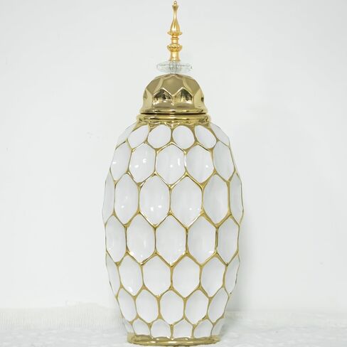 Decorative Ceramic Jar with Lid, Ginger Jar Design, Gold and White, (Large) in Saudi Arabia