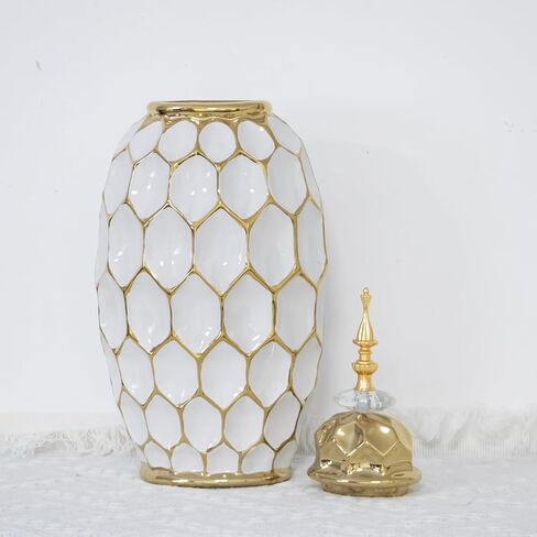 Decorative Ceramic Jar with Lid, Ginger Jar Design, Gold and White, (Large) in Saudi Arabia