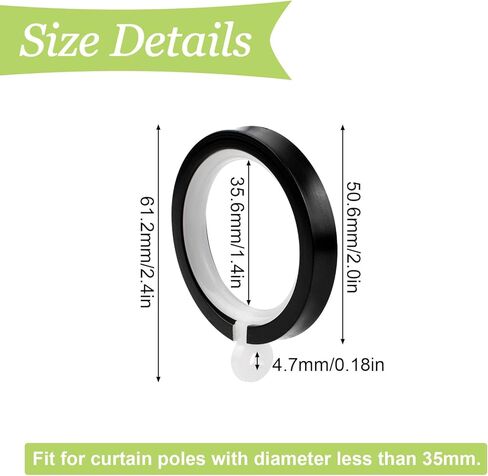 حلقات ستائر، 36 قطعة من حلقات ستائر سبائك الألومنيوم السوداء مع حلقات ستائر مقاومة للصدأ مع حلقات ستائر ذات فتحات لدبابيس خطاف الستارة، القطر الداخلي - 35 مم in Kuwait