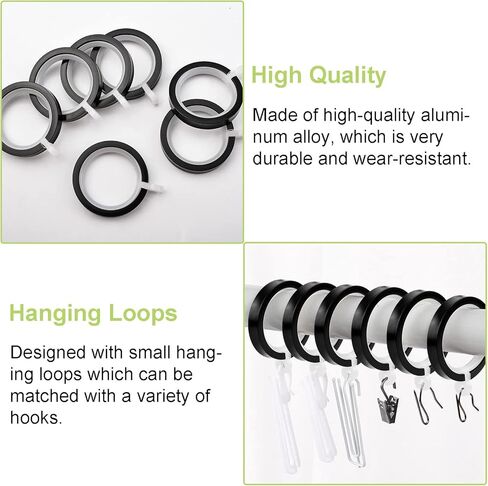 حلقات ستائر، 36 قطعة من حلقات ستائر سبائك الألومنيوم السوداء مع حلقات ستائر مقاومة للصدأ مع حلقات ستائر ذات فتحات لدبابيس خطاف الستارة، القطر الداخلي - 35 مم in Kuwait
