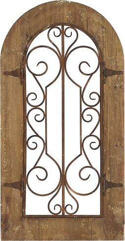 Deco 79 52748 Decor Arched Window Inspired Wall Sculpture with Metal Scrollwork Relief, 20" x 38", Brown in Saudi Arabia