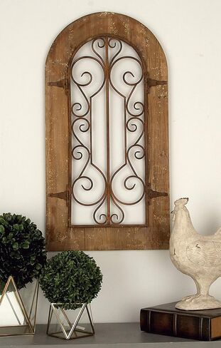 Deco 79 52748 Decor Arched Window Inspired Wall Sculpture with Metal Scrollwork Relief, 20" x 38", Brown in Saudi Arabia