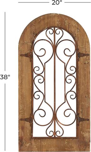 Deco 79 52748 Decor Arched Window Inspired Wall Sculpture with Metal Scrollwork Relief, 20" x 38", Brown in Saudi Arabia