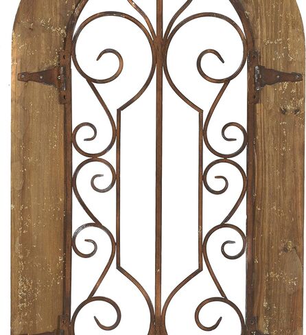 Deco 79 52748 Decor Arched Window Inspired Wall Sculpture with Metal Scrollwork Relief, 20" x 38", Brown in Saudi Arabia