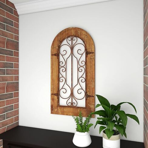 Deco 79 52748 Decor Arched Window Inspired Wall Sculpture with Metal Scrollwork Relief, 20" x 38", Brown in Saudi Arabia