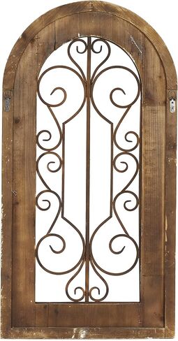 Deco 79 52748 Decor Arched Window Inspired Wall Sculpture with Metal Scrollwork Relief, 20" x 38", Brown in Saudi Arabia