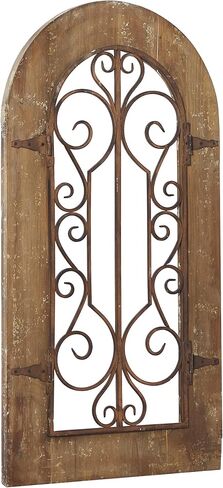 Deco 79 52748 Decor Arched Window Inspired Wall Sculpture with Metal Scrollwork Relief, 20" x 38", Brown in Saudi Arabia