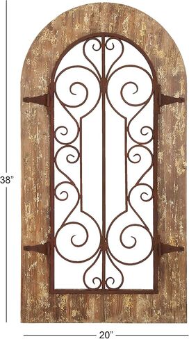 Deco 79 52748 Decor Arched Window Inspired Wall Sculpture with Metal Scrollwork Relief, 20" x 38", Brown in Saudi Arabia