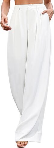 المرأة عادية واسعة الساق السراويل زر أسفل مستقيم السراويل الطويلة السراويل مرونة عالية الخصر فستان السراويل للنساء. أسود in Kuwait