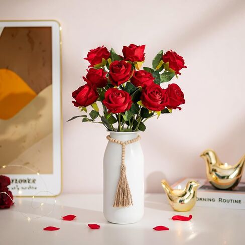 Sziqiqi White Decorative Flower Vase - 9in Boho Metal Vase with Bead Strings for Pampas Grass Farmhouse Vases for Table Home Decor Matte Cylinder Vase for Artificial Flowers Rose Twigs in Saudi Arabia