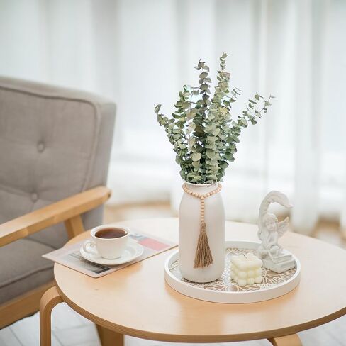 Sziqiqi White Decorative Flower Vase - 9in Boho Metal Vase with Bead Strings for Pampas Grass Farmhouse Vases for Table Home Decor Matte Cylinder Vase for Artificial Flowers Rose Twigs in Saudi Arabia