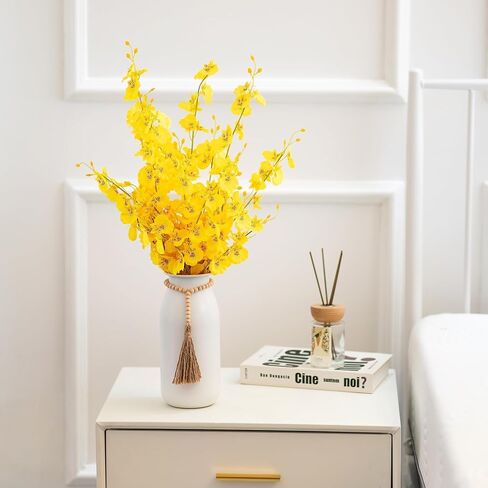 Sziqiqi White Decorative Flower Vase - 9in Boho Metal Vase with Bead Strings for Pampas Grass Farmhouse Vases for Table Home Decor Matte Cylinder Vase for Artificial Flowers Rose Twigs in Saudi Arabia