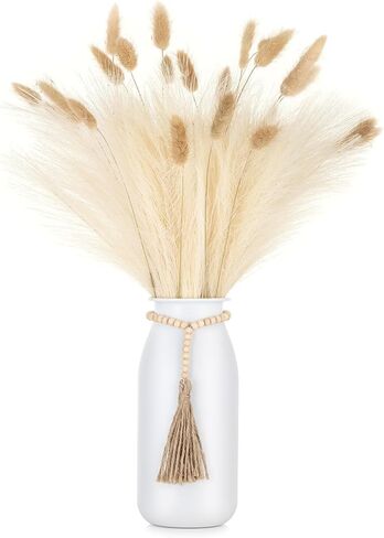 Sziqiqi White Decorative Flower Vase - 9in Boho Metal Vase with Bead Strings for Pampas Grass Farmhouse Vases for Table Home Decor Matte Cylinder Vase for Artificial Flowers Rose Twigs in Saudi Arabia