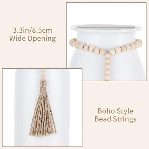Sziqiqi White Decorative Flower Vase - 9in Boho Metal Vase with Bead Strings for Pampas Grass Farmhouse Vases for Table Home Decor Matte Cylinder Vase for Artificial Flowers Rose Twigs in Saudi Arabia