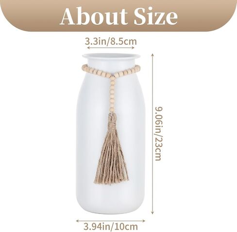 Sziqiqi White Decorative Flower Vase - 9in Boho Metal Vase with Bead Strings for Pampas Grass Farmhouse Vases for Table Home Decor Matte Cylinder Vase for Artificial Flowers Rose Twigs in Saudi Arabia