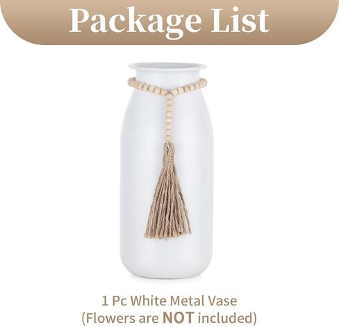 Sziqiqi White Decorative Flower Vase - 9in Boho Metal Vase with Bead Strings for Pampas Grass Farmhouse Vases for Table Home Decor Matte Cylinder Vase for Artificial Flowers Rose Twigs in Saudi Arabia