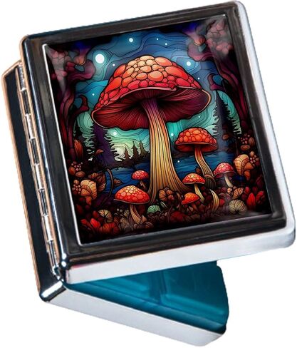 Cute Travel Pill Box Organizer with 8 Compartments - Compact and Fashionable Pill Case with Mirror - Ideal for Medications (Mushroom Fantasy) in Saudi Arabia