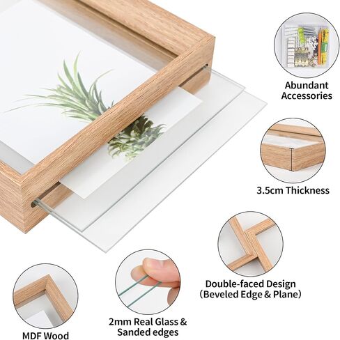 5x7 Floating Picture Frames Set of 2, Double Glass Photo Frame Wooden Frame for Wall Mount or Tabletop Displays for 3x5, 4x6 inch Pictures, Plane Edge Frames, Black in Saudi Arabia