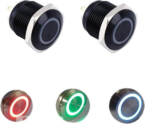مفتاح ضغط مؤقت ثلاثي الألوان (RGB) مقاس 16 مم، حلقة LED مضيئة 12 فولت، غلاف من الألومنيوم مقاوم للماء (عبوة من قطعتين) (أسود) in Kuwait