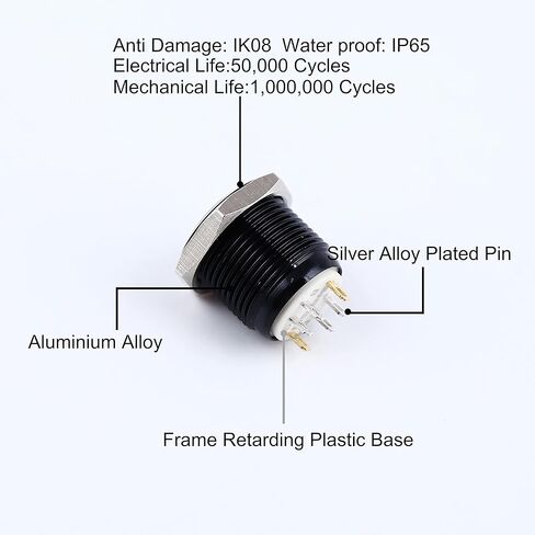 مفتاح ضغط مؤقت ثلاثي الألوان (RGB) مقاس 16 مم، حلقة LED مضيئة 12 فولت، غلاف من الألومنيوم مقاوم للماء (عبوة من قطعتين) (أسود) in Kuwait