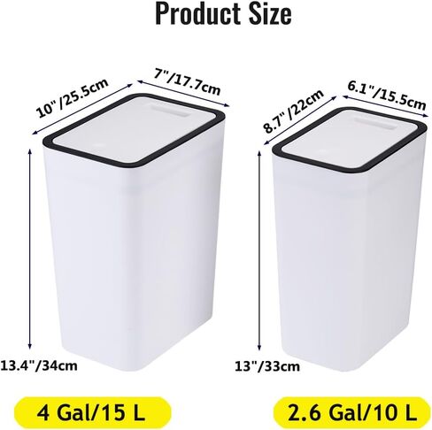 Bathroom Trash Can with Lid, 2 Pack Slim Garbage Can with Pop-Up Lid, Small Waste Basket Pet-Proof for Kitchen, Bedroom, Living Room, Office (4 Gallons / 15L + 2.6 Gallons / 10L, Black) in Kuwait