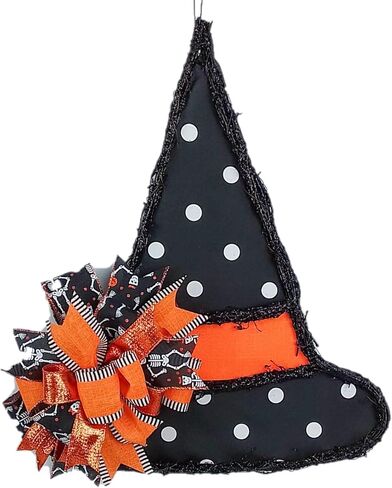 Halloween Witch Hat Grapevine Wreath - Plaid Door Hanger Oversized Bow Jute Burlap Door Decor ; Orange Black White in Saudi Arabia