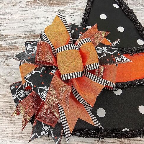 Halloween Witch Hat Grapevine Wreath - Plaid Door Hanger Oversized Bow Jute Burlap Door Decor ; Orange Black White in Saudi Arabia