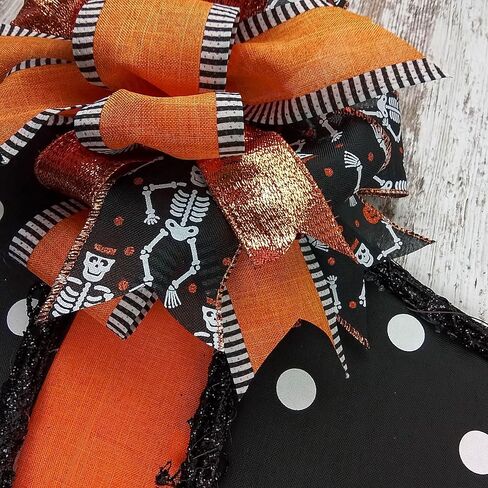 Halloween Witch Hat Grapevine Wreath - Plaid Door Hanger Oversized Bow Jute Burlap Door Decor ; Orange Black White in Saudi Arabia