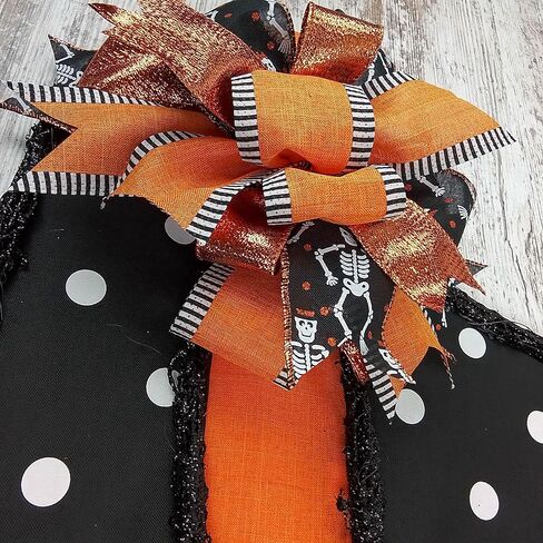 Halloween Witch Hat Grapevine Wreath - Plaid Door Hanger Oversized Bow Jute Burlap Door Decor ; Orange Black White in Saudi Arabia