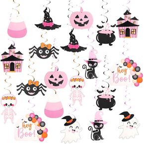 20pcs Pink Halloween Hanging Swirl Decorations, Halloween Centerpieces Hanging Ceiling Streamers Hey Boo Cute Cat Ghost Witch Pumpkin Spider Spiral Decor for Home Indoor Outdoor Girl Party Office