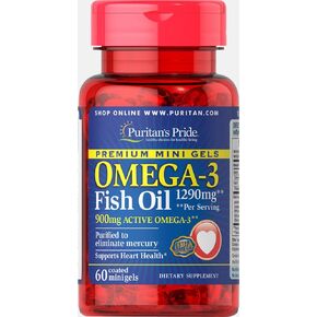 Puritan's Pride Omega-3 Fish Oil 1290 mg Mini Gels (900 mg Active Omega-3) Per Serving-60 Coated Softgels