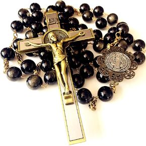 elegantmedical Handmade Large 20mm Black Gold Obsidian Bead Wall Rosary Cross St.Benedict crucifix catholic Gift Box