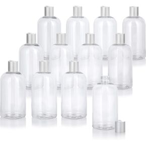 JUVITUS 12 oz Clear Plastic PET Squat Boston Round Bottle with Silver Disc Cap (12 pack)