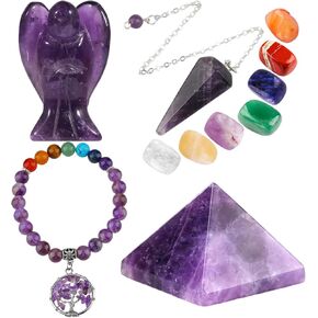 mookaitedecor Amethyst Healing Crystals Set, 7 Chakra Bracelet, Palm Stones, Pendulum, Pocket Guardian Angel, Pyramid Meditation Kits for Reiki,Balancing