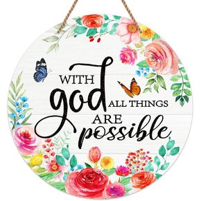 FaCraft Spring Welcome Wreaths Sign for Front Door Farmhouse Religious Christian Home Decorations Sign With God All Things are Possible Wall Decor Inspirational Faith Hanging Sign for Home Wall