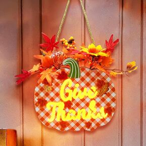 مضاءة عيد الشكر اليقطين علامة اكليلا من الزهور لديكور الباب الأمامي، وإعطاء الشكر سقوط علامة معلقة تعمل بالبطارية أوراق القيقب التوت باب علامة الشكر الجدول محور سقوط الديكور in Kuwait