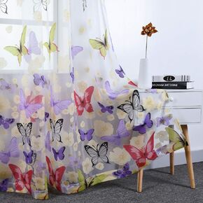 HUTO Butterfly Sheer Voile Curtains for Kids Girls Bedroom Floral Colourful Print Drapes Rod Pocket Window Treatment for Living Room 2 Panels 52 inches Wide by 84 inches Long