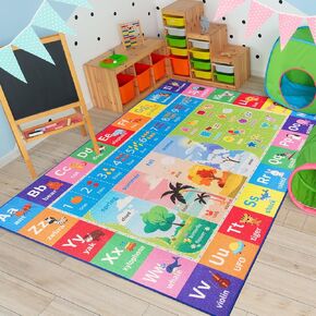 Kids Rugs for Playroom, Cute Classroom Rug Non Slip Play Mat with ABCs Numbers Seasons Cartoon Animals Shapes, Educational and Fun Washable Alphabet Rug for Baby Toddler Children, 4x6 Feet
