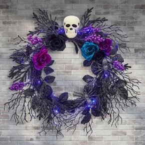 Halloween Skull Wreath for Front Door with Lights, 20 Inch Pre-Lit Black Purple Rose Spider, Gothic Garland Creepy Decor for Home Wall Porch Outdoor Indoor
