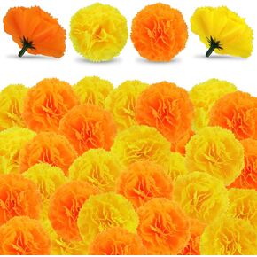 Artificial Marigold Flowers - 50 Pcs Halloween Decoration Orange Marigold Head Silk Fake Paper Flowers Garland Dia De Los Muertos Decor for Festival Backdrop (25 Yellow + 25 Orange)