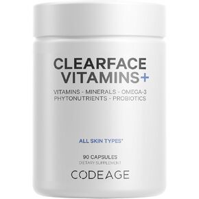 Codeage Clearface Pantothenic Acid, Niacin Supplement, Vitamins A, C, D3, E, Probiotics, Zinc, Riboflavin, Thiamin, L-Lysine HCL & Omega-3, Niacinamide, Skin Botanical Blend - Non-GMO - 90 Capsules