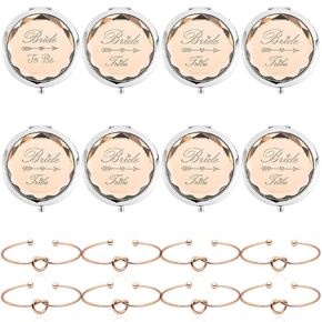 Pack of 8 Compact Pocket Makeup Mirrors Set Include 1 Bride to Be Mirror 7 Bride Tribe Mirrors and 8 Pack Bridesmaid Love Knot Bracelets for Bachelorette Party Bridesmaid Proposal Gifts (Silver)