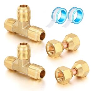 8 Pcs Brass Tube Fitting Set, Brass Flare Tee Fitting 3/8" x 3/8" x 3/8", Brass 3/8" Female Flare x 3/8" Female Flare Swivel Brass Adapter, Brass Tube Fitting Compression Valve Connector