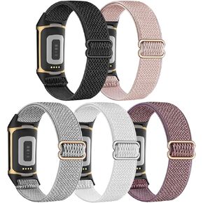 5 Pack Stretchy Nylon Compatible with Fitbit Charge 6 Bands/Fitbit Charge 5 Bands for Women Men, Elastic Adjustable Straps Sport Replacement Wristbands for Fitbit Charge 5/6 Watch