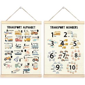 TAEDIN Transport Alphabet Wall Art Poster Hanger Frame Set of 2 - Vehicle Learning Wall Decor with Wood Frames, Educational Construction Decor for Toddler Boy Kids Room Playroom Nursery, 12x16 Inches