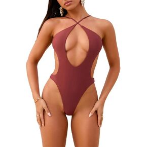 SweatyRocks Women's Cut Out Backless Halter One Piece Swimsuit Crisscross High Cut Bathing Suit