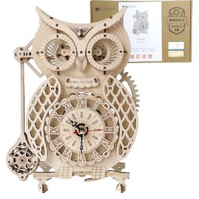 UGUTER 3D Wooden Puzzle Owl Clock DIY Home Decoration Laser-Cut Mechanical Model Stunning Gifts for Adults and Teens (Owl Clock)