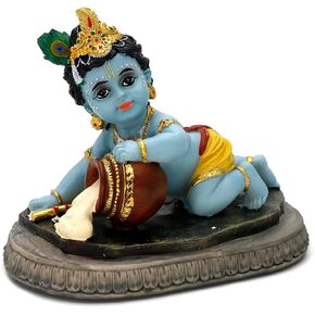 Indian God Baby Krishna Statue - 6.6" L Hindu God Krishna Idol for Car Dashboard Decor,Small Makhan Chor Figurine Murti Diwali Gifts Indian Wedding Gifts Baby Shower Return Gift