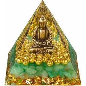 FENGSHUI-CAISHEN Little Buddha Statue in Healing Crystal Organite Pyramid - Green Aventurine with Baby Buddha Figurine, Reiki Chakra Meditation Buddha Decor